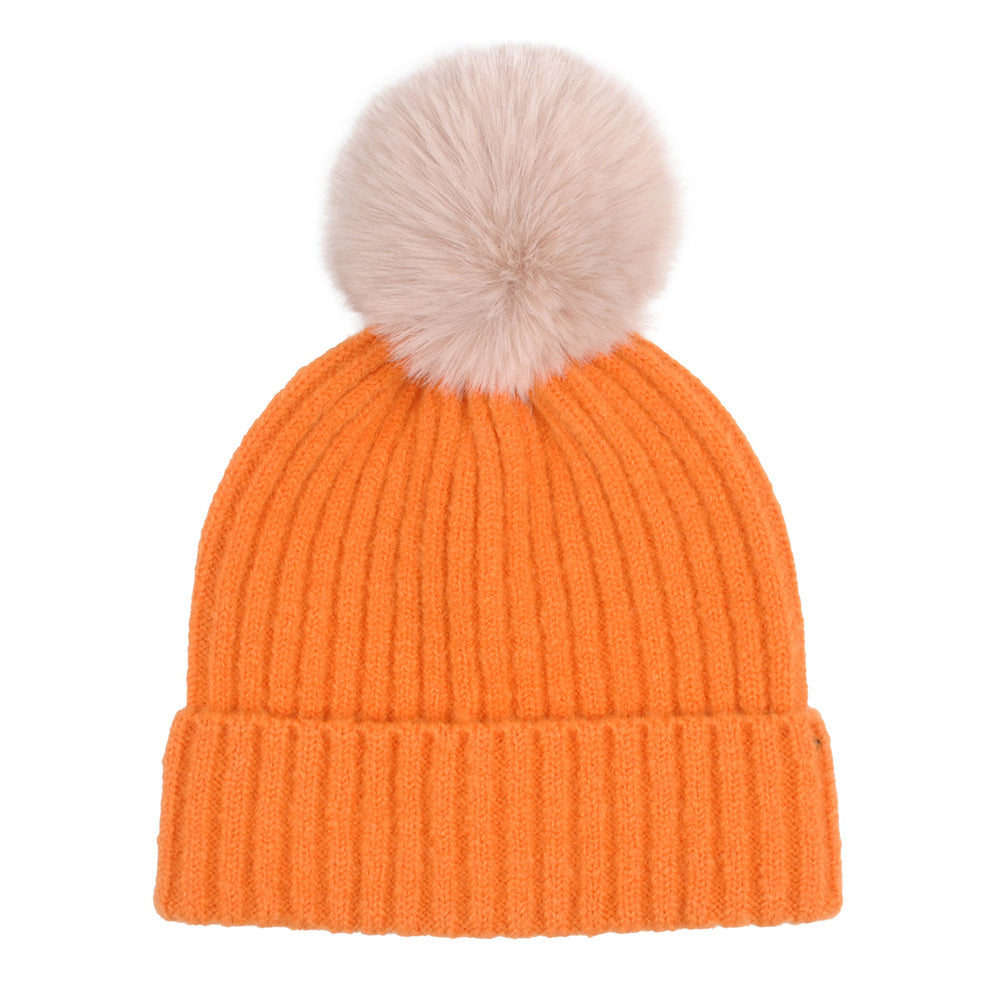 Tangerine Dreams Color Pom Pom Two Tone Beanie Hat