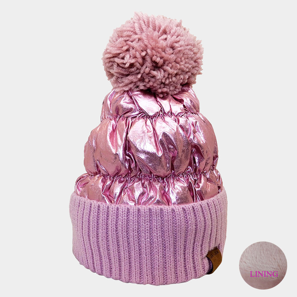 Metallic Sensation Fleece Lined Puffer Knit Pom Pom Beanie Hat