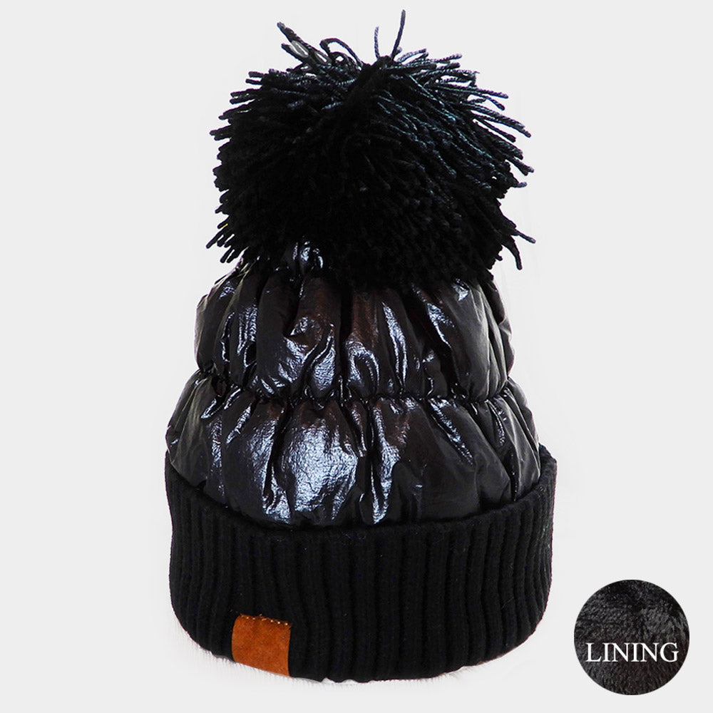 Metallic Sensation Fleece Lined Puffer Knit Pom Pom Beanie Hat