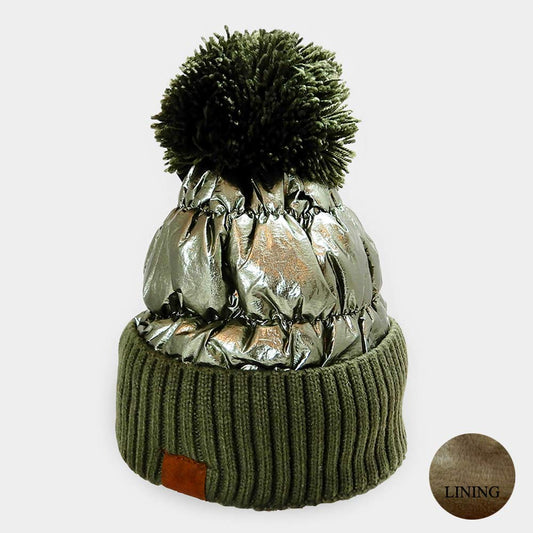 Metallic Sensation Fleece Lined Puffer Knit Pom Pom Beanie Hat