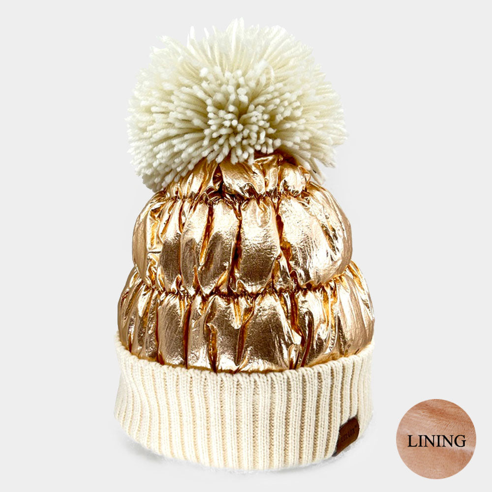 Metallic Sensation Fleece Lined Puffer Knit Pom Pom Beanie Hat