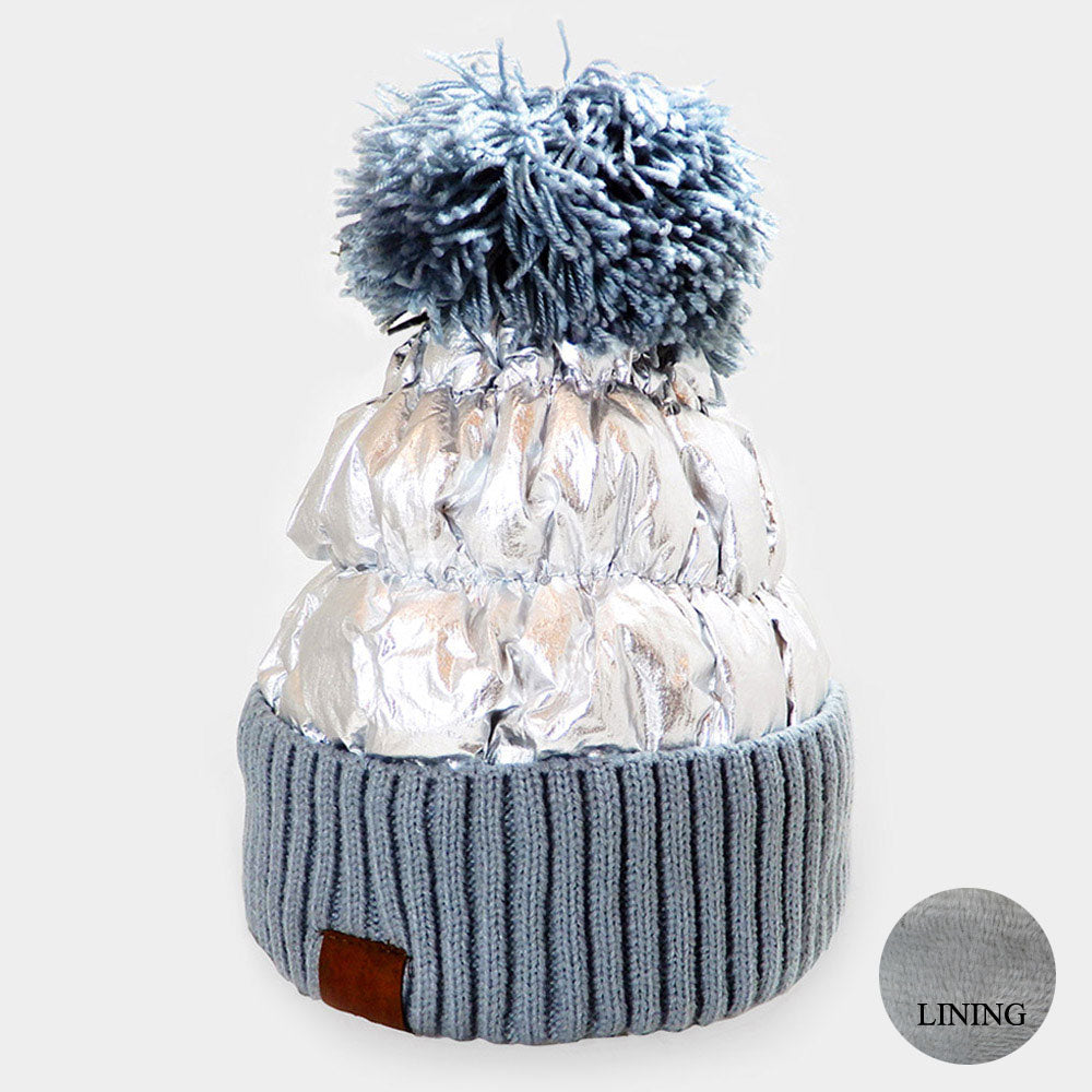 Metallic Sensation Fleece Lined Puffer Knit Pom Pom Beanie Hat